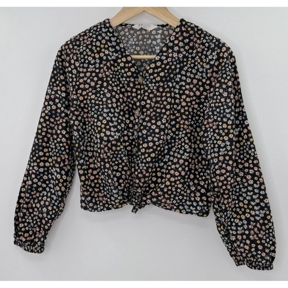 H&M Girl’s Floral Elastic Cuff Sleeve Tie Front Button Blouse Size 18